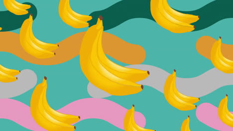 Animation-Von-Bananenreihen-über-Einem-Abstrakten,-Lebendigen-Muster