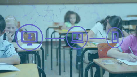 Animation-of-networks-of-icons-over-diverse-schoolchildren-in-classroom