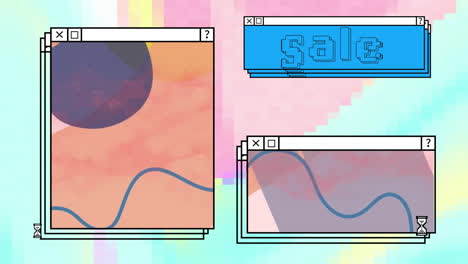 Animation-Von-Verkaufstext-Und-Abstrakten-Mustern-Auf-Fenstern-über-Pastellfarbenem-Desktop