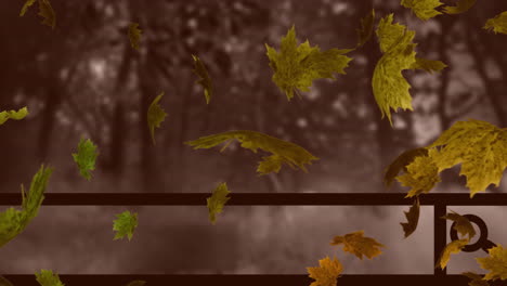 Animation-Von-Blättern,-Die-über-Zäune-Und-Bäume-In-Einem-Nebligen-Wald-Wehen