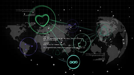 Animation-Von-Social-Media-Symbolen-Und-Datenverarbeitung-über-Globus-Und-Weltkarte-Auf-Dunklem-Hintergrund