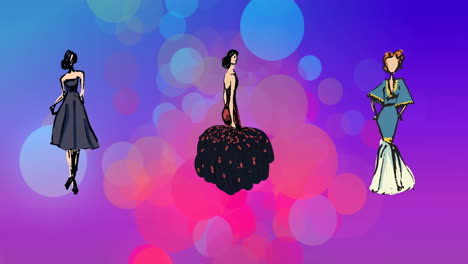 Animation-of-fashion-drawings-of-women's-dresses-on-blue-and-pink-light-spots