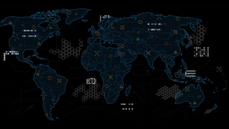 Animation-of-data-processing-with-world-map-on-black-background