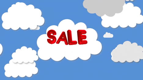 Animation-of-red-sale-text-with-falling-clouds-over-blue-background