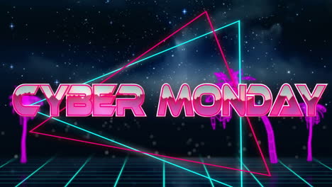 Animation-of-cyber-monday-text-in-triangles-with-grid-pattern-against-space-in-background