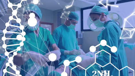 Animation-Von-DNA-Und-Netzwerken-über-Verschiedene-Chirurgen-Und-Patienten-Im-Operationssaal