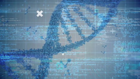 Animation-Der-Datenverarbeitung-über-Der-DNA-Kette-Auf-Dunklem-Hintergrund