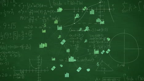 Animation-of-network-of-business-icons-over-mathematical-equations-on-chalkboard