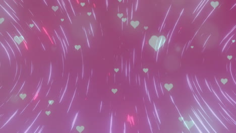Animation-of-hearts-and-glowing-spots-of-light-on-pink-background