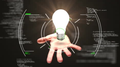 Animation-of-light-bulb-and-hand,-scientific-data-processing