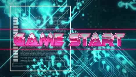 Animation-of-game-start-text-over-neon-pattern-and-circuit-board