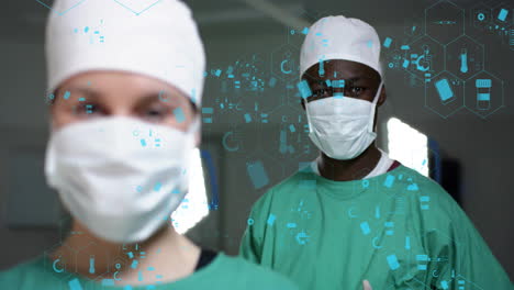 Animation-of-dna-strand-over-diverse-surgeons-in-hospital