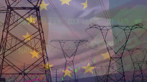 Animation-of-financial-data-processing-with-flag-of-uk-and-ivory-coast-over-pylons