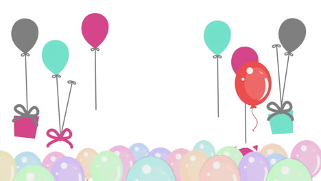 Animation-of-balloons-and-presents-with-copy-space-on-white-background