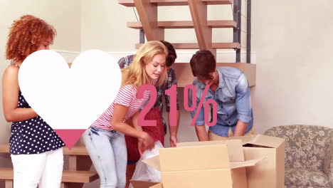 Animation-of-heart-and-percent-in-pink-over-diverse-people-moving-in-with-cardboard-boxes