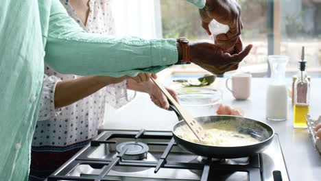 Biracial-couple-cooking-and-seasoning-omelet-on-pan-in-kitchen,-slow-motion