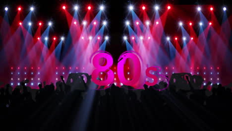 Animation-of-80s-text-over-silhouettes-of-dancing-people-and-flashing-lights-on-black-background