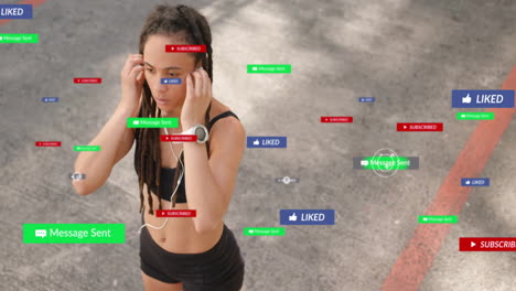 Animation-of-social-media-notifications-over-biracial-woman-training-outdoors