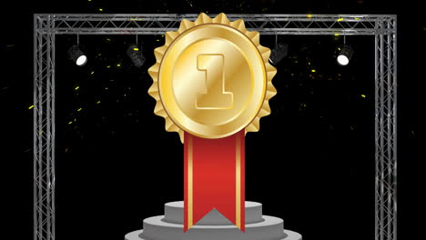 Animation-of-gold-medal-with-1-text,-confetti-and-podium-in-black-frame-on-black-background