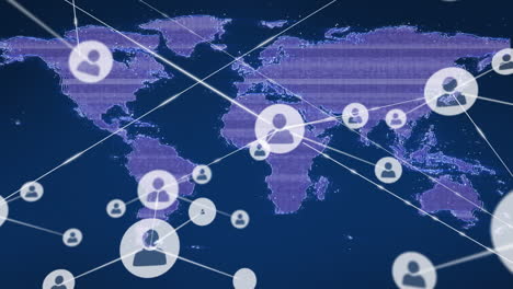 Animation-of-network-of-connections-with-icons-over-world-map-with-interference-on-blue-background