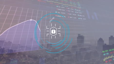 Animation-of-financial-data-processing-and-padlock-icons-over-cityscape