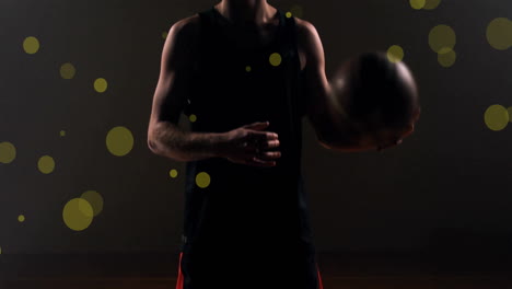 Animation-of-caucasian-basketball-player-throwing-ball-and-spots-of-light-on-black-background