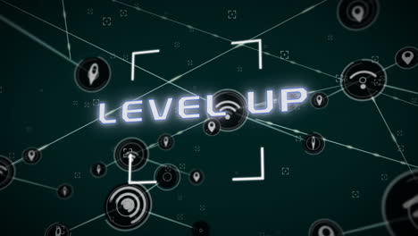 Animation-of-level-up-text-and-network-of-connections-on-black-background