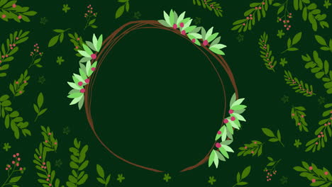 Animation-of-round-frame-with-christmas-decorations-on-green-background