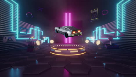 Animation-of-spinning-car-and-gaming-icons-over-cyber-room