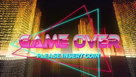 Animation-of-game-over-and-please-insert-coin-text-in-triangles,-illuminated-3d-model-of-buildings