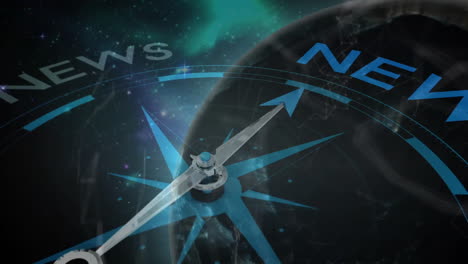 Animation-of-magnetic-needle-on-compass-pointing-to-news-text-over-globe-in-space