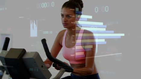 Animation-of-financial-data-processing-over-biracial-woman-exercising-in-gym