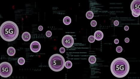 Animation-of-4g-and-5g-text-over-data-processing-on-black-background