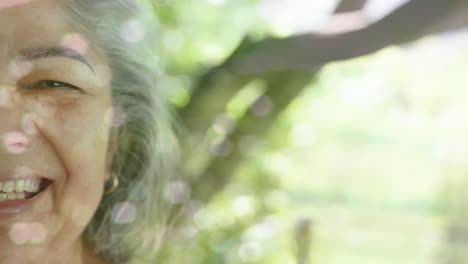 Animation-Von-Lichtpunkten-Und-Bäumen-über-Einer-Lächelnden-älteren-Frau-Mit-Gemischter-Abstammung-Im-Garten