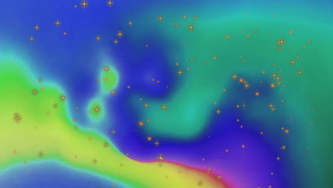 Animation-Von-Gelben-Lichtpunkten-über-Bunten-Formen-Auf-Blauem-Hintergrund