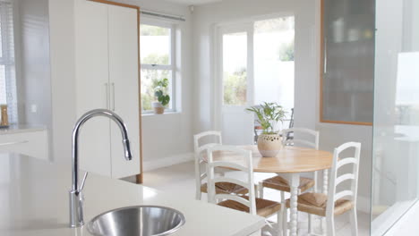 Big-white-empty-kitchen-with-plants,-big-wardrobe-and-table-with-chairs,-slow-motion