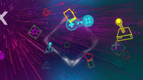 Animation-Von-Bunten-Videospiel-Controllern-Und-Symbolen-über-Violetten-Lichtstrahlen
