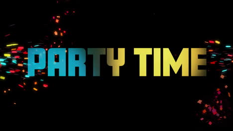 Animation-of-party-time-text-and-confetti-on-black-background