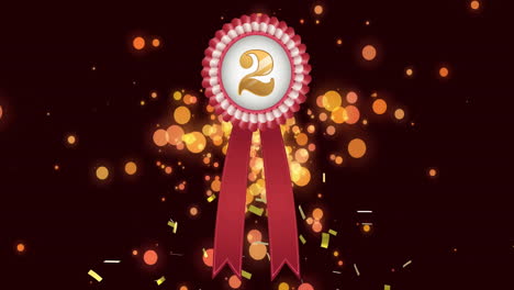Animation-of-rosette-with-number-2-and-falling-confetti-and-orange-light-spots-on-black-background