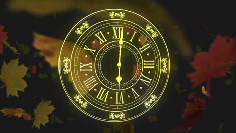 Animation-Einer-Gelben-Uhr-Mit-Schnell-Bewegten-Zeigern-über-Fallenden-Herbstblättern-Auf-Schwarzem-Hintergrund
