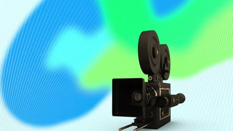 Animation-Einer-Filmkamera-über-Einer-Netzwerkwelle-Und-Einem-Abstrakten-Grünen-Und-Blauen-Hintergrund