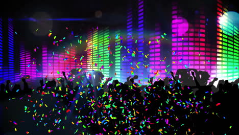 Animation-of-people-dancing,-confetti-and-disco-party-lights-on-black-background