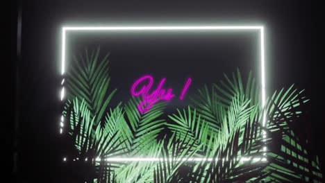 Animation-Von-Yu-Text-über-Neonrahmen-Und-Tropischen-Blättern-Auf-Schwarzem-Hintergrund
