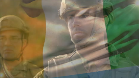 Animation-Der-Flagge-Der-Elfenbeinküste-über-Kaukasischen-Männlichen-Soldaten,-Die-Im-Wald-Stehen