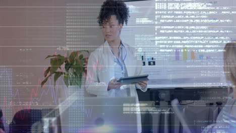 Animation-of-data-processing-over-biracial-female-doctor-in-office
