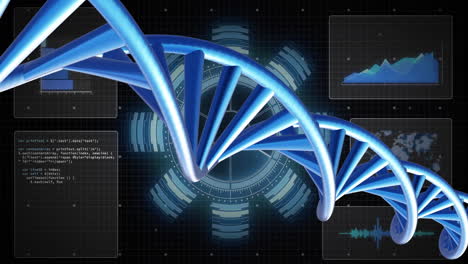 Animation-of-dna-strand-spinning-with-data-processing-over-black-background