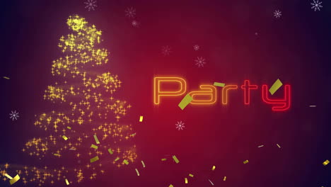 Animation-Des-Partytextes-über-Dem-Weihnachtsbaum-Und-Schwebendem-Konfetti-Auf-Dunklem-Hintergrund