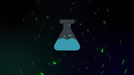 Animation-of-beaker-with-blue-liquid-and-data-processing-on-dark-background
