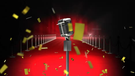 Animation-of-stage-microphone-and-confetti-over-red-carpet-on-black-background