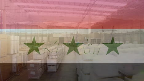 Animation-of-flag-of-iraq-over-forklift-truck-in-storage-warehouse